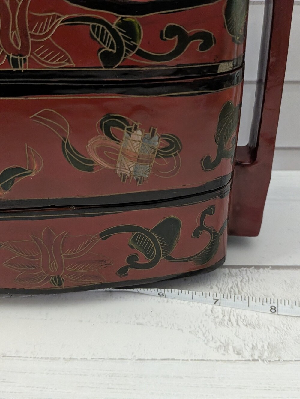 Antique Chinese Wedding Basket, Chinese lunchbox, Porcelain Plaque Insert - Picture 8 of 12